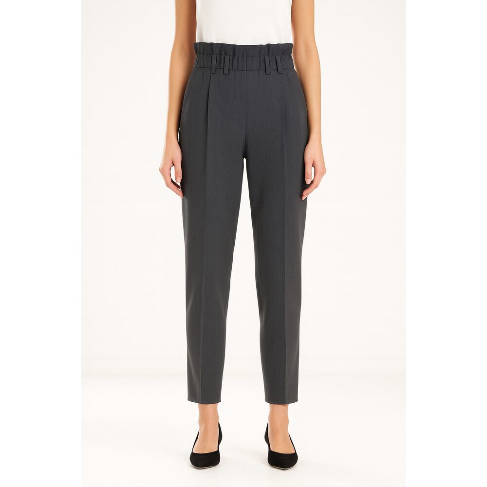 Brunello Cucinelli Virgin Wool Blend Ruffle Waistband Pants in Gray